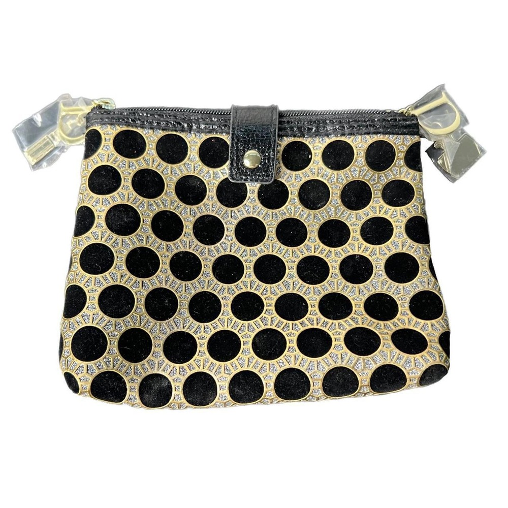 Dior Cosmetic Pouch Black Gold Silver Glitter Velvet Polka Dot Makeup Bag OS